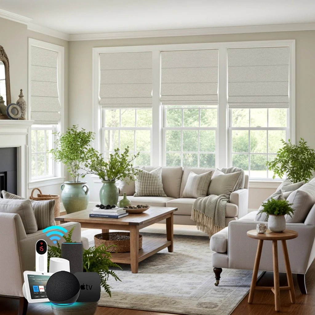 Motorized Roman shades in bright living room with white sofas, wooden coffee table, indoor plants, and smart home voice control devices, overlooking green garden.